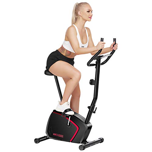 Ancheer Bicicleta de Fitness Vertical 10 Niveles de Resistencia Magnética, Bicicleta Estática con Pantalla LCD, Soporte para Movil iPad, Mango de Impulso, Carga Máxima: 120KG (Negro)