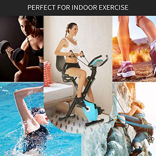 ANCHEER Bicicleta Estática Plegable Bicicleta de Ejercicio 10 Niveles de Resistencia Magnética, con App, Soporte para Tableta Capacidad de Peso:120kg (Gris + Respaldo)