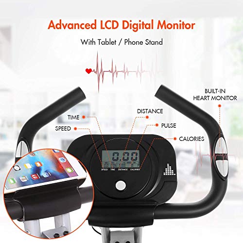 ANCHEER Bicicleta Estática Plegable Bicicleta de Ejercicio 10 Niveles de Resistencia Magnética, con App, Soporte para Tableta Capacidad de Peso:120kg (Gris + Respaldo)