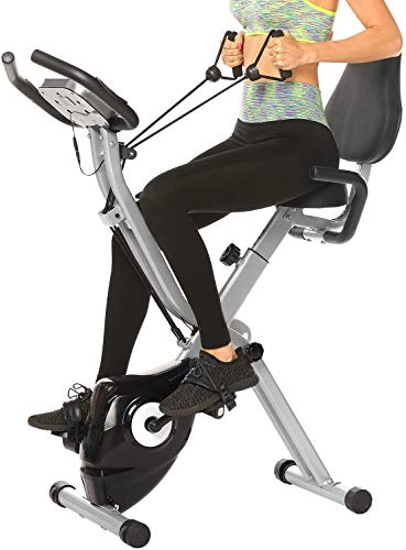 ANCHEER Bicicleta Estática Plegable Bicicleta de Ejercicio 10 Niveles de Resistencia Magnética, con App, Soporte para Tableta Capacidad de Peso:120kg (Gris + Respaldo)