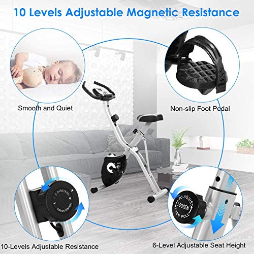 ANCHEER Bicicleta Estática Plegable Bicicleta de Ejercicio 10 Niveles de Resistencia Magnética, con App, Soporte para Tableta Capacidad de Peso:120kg (Gris)