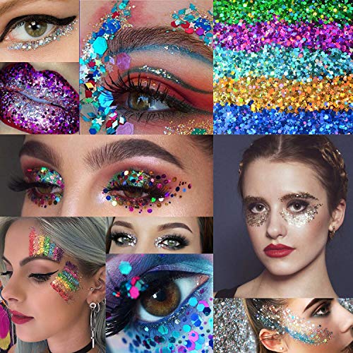ANDERK Purpurinas Polvo, Chunky Glitter Flakes Paillette para Rostro Maquillaje de Ojos Cabello Body Art - 12 Cajas 20ml