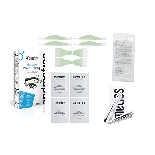 andmetics BROW Wax Strips: Tiras patentadas de cera fría para depilación de cejas, forma perfecta para moldear, cerrar, colorear (plantilla de teñido), sin tirones de cejas