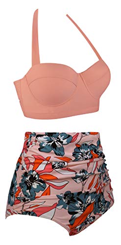 Angerella Mujer Vintage Cuello Halter Talle Alto Ruched Bikini Set,2X-Large