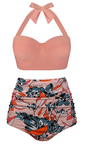 Angerella Mujer Vintage Cuello Halter Talle Alto Ruched Bikini Set,2X-Large
