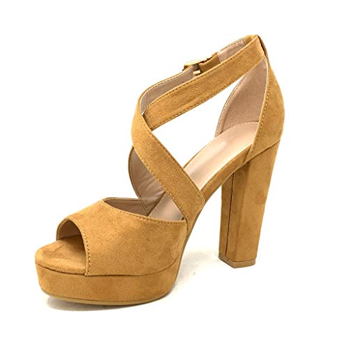 Angkorly - Zapatillas Moda Sandalias Tacón escarpín Tacones Altos Plataforma Matrimonio Ceremonia Mujer Correas Cruzadas básica básica Tacón Ancho Alto 11.5 CM - Camel B-88 T 39