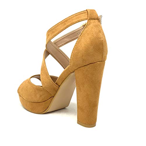 Angkorly - Zapatillas Moda Sandalias Tacón escarpín Tacones Altos Plataforma Matrimonio Ceremonia Mujer Correas Cruzadas básica básica Tacón Ancho Alto 11.5 CM - Camel B-88 T 39