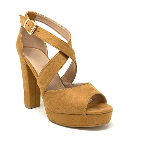 Angkorly - Zapatillas Moda Sandalias Tacón escarpín Tacones Altos Plataforma Matrimonio Ceremonia Mujer Correas Cruzadas básica básica Tacón Ancho Alto 11.5 CM - Camel B-88 T 39
