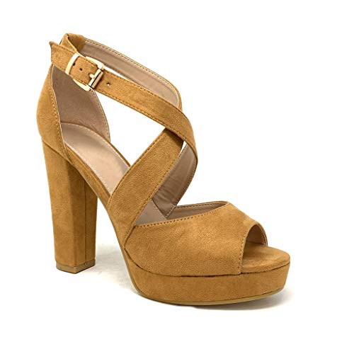 Angkorly - Zapatillas Moda Sandalias Tacón escarpín Tacones Altos Plataforma Matrimonio Ceremonia Mujer Correas Cruzadas básica básica Tacón Ancho Alto 11.5 CM - Camel B-88 T 39
