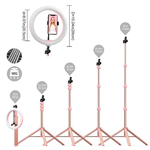 Anillo de luz LED de 10 '' con trípode y Soporte para teléfono Dual, Anillo de luz Regulable para Maquillaje/Live Stream/Selfie/Youtube/Fotografía Compatible coniPhone/Androide (Rosado)