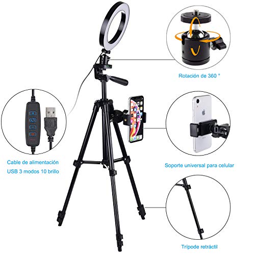 Anillo de Luz, [Nueva Versión] Diyife 6.3” Tripode Luz Movil Aro de Luz para Movil, 3 Modos de Iluminación 11 Niveles de Brillo para Youtube Transmisión en Vivo Maquillaje Fotografía TikTok