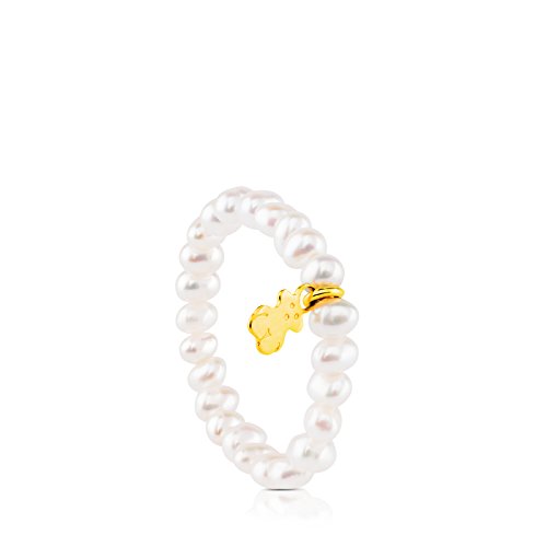 Anillo elástico TOUS Pearls con perlas y oso de oro amarillo 18 kt - Talla 11.5