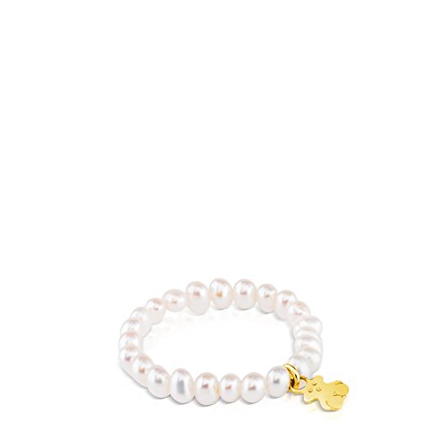 Anillo elástico TOUS Pearls con perlas y oso de oro amarillo 18 kt - Talla 11.5