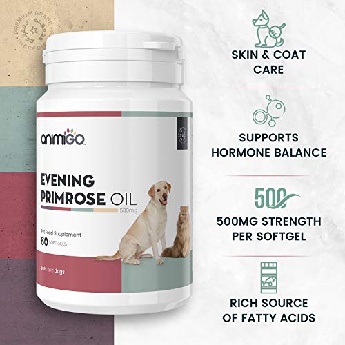 Animigo Aceite de Onagra para Perros y Gatos | Suplemento de Onagra en Cápsulas | con Ácido Linoleico (LA) y Gamma (GLA) | para Piel, Pelaje, Balance Hormonal, Huesos y Articulaciones | 60 Cápsulas