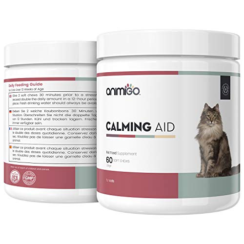 Animigo Calmante para Gatos. Suplemento Tranquilizante Natural. Nervios, Ansiedad y Estres de Viajes, Separaciones, Ruidos Fuertes y Más. con Jengibre, Manzanilla y Levadura. 60 Cápsulas Blandas