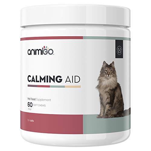 Animigo Calmante para Gatos. Suplemento Tranquilizante Natural. Nervios, Ansiedad y Estres de Viajes, Separaciones, Ruidos Fuertes y Más. con Jengibre, Manzanilla y Levadura. 60 Cápsulas Blandas