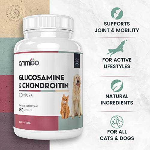 Animigo Glucosamina y Condroitina 500mg 180 Cápsulas | Suplemento Antiinflamatorio para Perros y Gatos Natural con Vitamina C y para Articulaciones, Huesos, Dientes, Cartílagos y Movilidad General