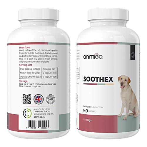 Animigo Soothex para Perros | Suplemento Relajante con Vitaminas B y Aminoácidos Esenciales | Situaciones de Estrés y Ansiedad | Fórmula Natural Calmante No Somnífera | 60 Cápsulas
