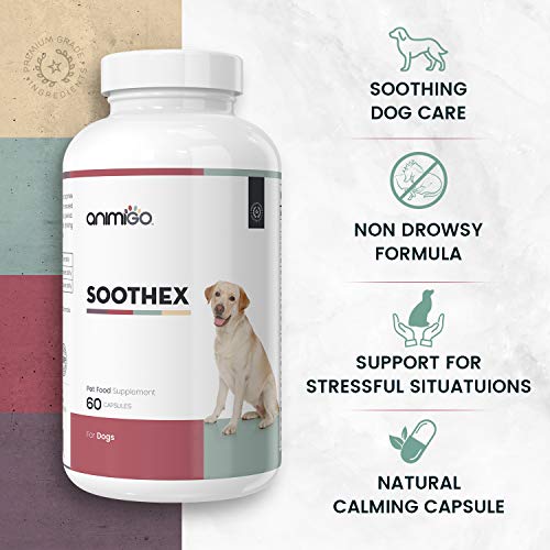 Animigo Soothex para Perros | Suplemento Relajante con Vitaminas B y Aminoácidos Esenciales | Situaciones de Estrés y Ansiedad | Fórmula Natural Calmante No Somnífera | 60 Cápsulas