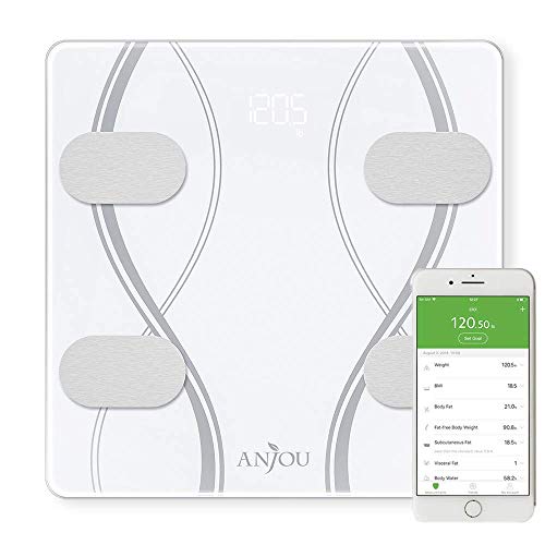 Anjou Báscula de Baño Digital Bluetooth con Análisis Grasa Corporal por App de 12 datos (Peso, Grasa, Agua, Músculo y más), 20 Usuarios, Báscula Inteligente de Alta Precisión para iOS y Android