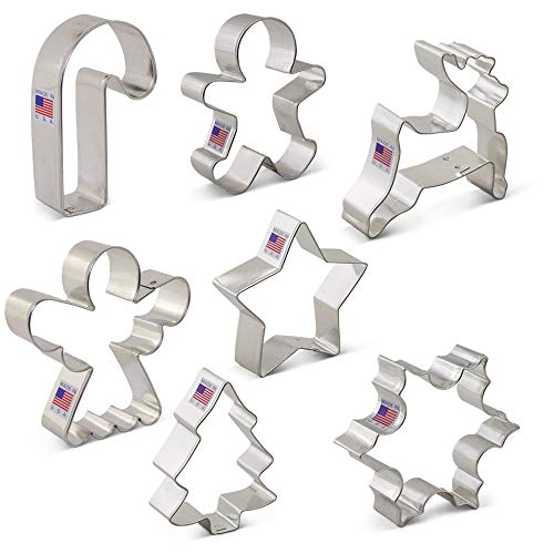 Ann Clark Cookie Cutters Juego de 7 cortadores de galletas Navidad con libro de recetas, copo de nieve, estrella, árbol de Navidad, hombre de jengibre, ángel, reno y bastón de caramelo