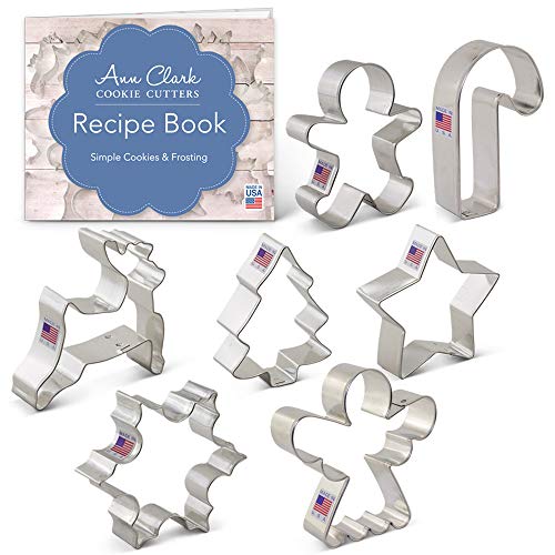 Ann Clark Cookie Cutters Juego de 7 cortadores de galletas Navidad con libro de recetas, copo de nieve, estrella, árbol de Navidad, hombre de jengibre, ángel, reno y bastón de caramelo