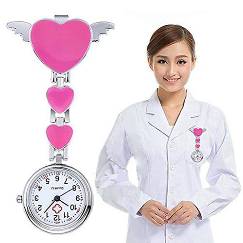 Anoauit Reloj de Enfermera Mujer portátil Mujer de Acero Inoxidable Señora Cute Love Heart Cuarzo Fob Broche Reloj Reloj de Enfermera Doctor Reloj Fob-Rosado