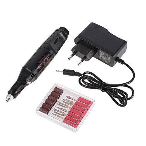 Anself - Juego de 100-240V Taladro Pulido de Uñas Eléctrico de Manicura y Pedicura, Con 6x Brocas + 6x Bandas, Color Negro