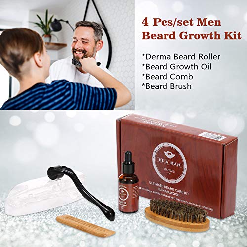 Anself Kit Completo de Barba para Hombres 4 Pcs/Juego Kit de Cuidado de Barba con Rodillo para Barba, Aceite para Crecimiento de Barba, Cepillo para Barba y Peine para Barba