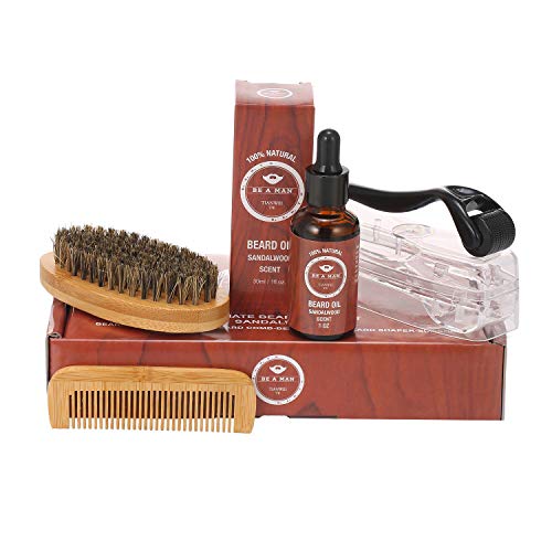 Anself Kit Completo de Barba para Hombres 4 Pcs/Juego Kit de Cuidado de Barba con Rodillo para Barba, Aceite para Crecimiento de Barba, Cepillo para Barba y Peine para Barba