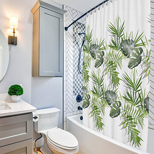ANSIO - Cortina de ducha, poliéster, Patrón de hojas: verde palma., 180 x 180 cm