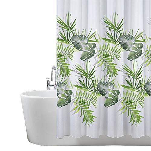 ANSIO - Cortina de ducha, poliéster, Patrón de hojas: verde palma., 180 x 180 cm