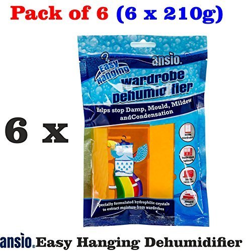 ANSIO Deshumidificador para Armario Colgante, Eliminador de Condensación, Absorbente de Humedad, Deshumidificadores para Humedad, Moho, Humedad en Armario, Dormitorio, Caravana, Baño, Sótano - 210 g Paquete de 6