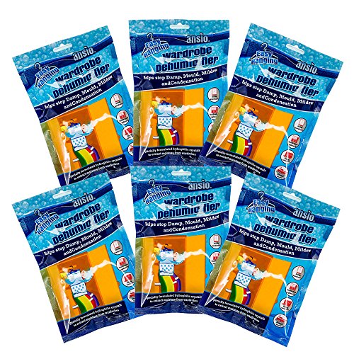 ANSIO Deshumidificador para Armario Colgante, Eliminador de Condensación, Absorbente de Humedad, Deshumidificadores para Humedad, Moho, Humedad en Armario, Dormitorio, Caravana, Baño, Sótano - 210 g Paquete de 6