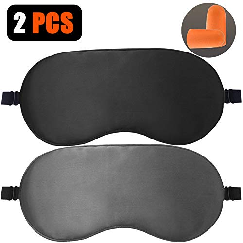 Antifaz para Dormir, [2PC]Antifaz de Viaje para Dormir con tapón de oído y Ajustable Correa, 100% Tela de Seda Natural y algodón Puro (Negro y Gris)