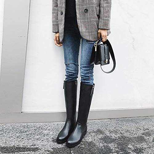 ANUFER Mujer Elegante Piel Genuina Rodilla Alta Botas Negro Plano Cremallera Botas de Correr SN020740 EU38