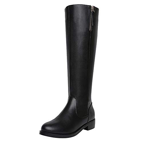 ANUFER Mujer Elegante Piel Genuina Rodilla Alta Botas Negro Plano Cremallera Botas de Correr SN020740 EU38