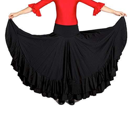ANUKA Falda Profesional de Mujer para Danza Flamenca. Mucho Vuelo con 7 Metros de Tela. Peso Ideal para los giros. Fabricada en España (Negro/Negro, L)