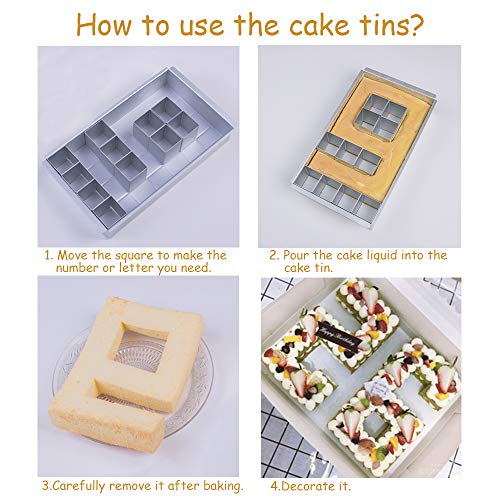 AOBETAK Juego de moldes para tartas (aluminio, rectangulares, ajustables, para bodas, cumpleaños, Navidad, etc. Letras grandes antiadherentes, números de alfabeto, formas de horneado,plateado