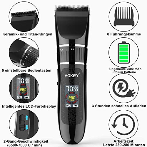 AOKEY Maquina Cortapelo sin Cuerda, Cortapelos Profesional con Pantalla LCD para Hombre y Mujer, Kit de Cortapelos para Mascota, Recargable