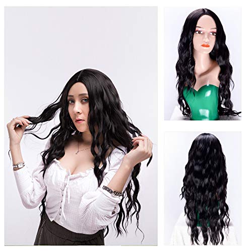 AOMOSA Pelucas de pelo ondulado largo y rizado negro natural de 28 pulgadas para mujer Peluca sintética de fibra resistente al calor para peluca diaria