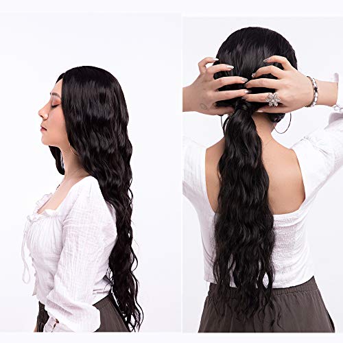AOMOSA Pelucas de pelo ondulado largo y rizado negro natural de 28 pulgadas para mujer Peluca sintética de fibra resistente al calor para peluca diaria