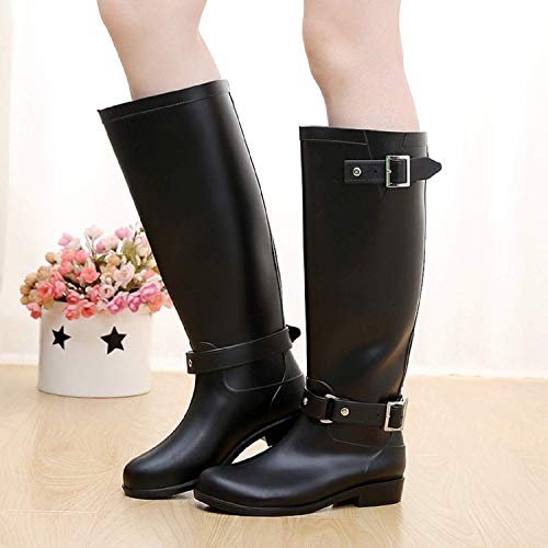AONEGOLD Botas de Agua Mujer Lluvia Altas Zapato Impermeables Ajustable Cremallera y Hebilla Goma Botas Wellington(Negro 2,39 EU)