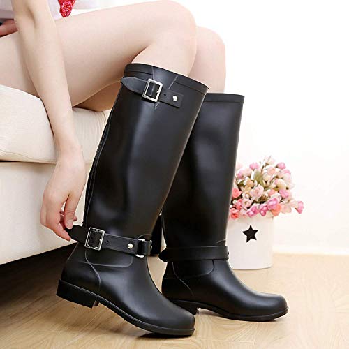 AONEGOLD Botas de Agua Mujer Lluvia Altas Zapato Impermeables Ajustable Cremallera y Hebilla Goma Botas Wellington(Negro 2,39 EU)