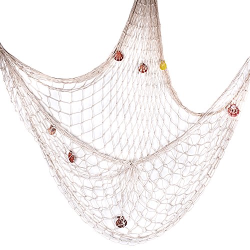 AONER (2x1,5m) Decorativa Red de Pesca Náutica con Conchas Pared Fotos Colgante Navegación Medianera Decoración de Casa Fiesta Luau Color Beige