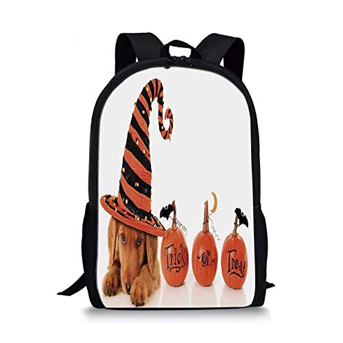 AOOEDM - Mochila Escolar con Estilo para Halloween, Lindo Cachorro con Sombrero de Bruja, Truco o Trato, murciélagos Divertidos Festivos para niños, 11 'L x 5' W x 17 'H