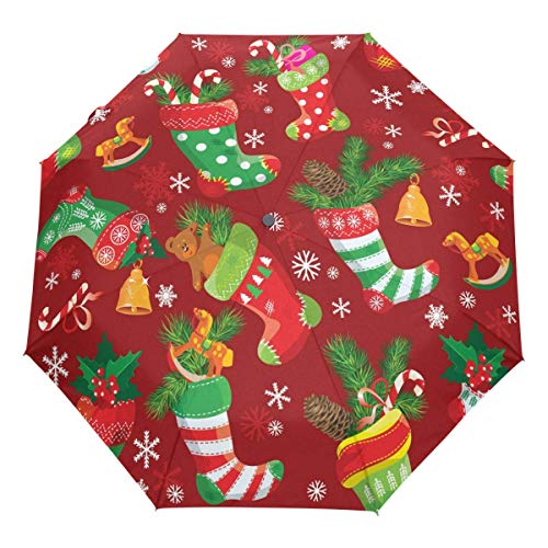 AOTISO Medias de Navidad Paraguas automático Viaje a Prueba de Viento Lindo X-Mas Bear Paraguas Ligero Parasol Compacto Paraguas
