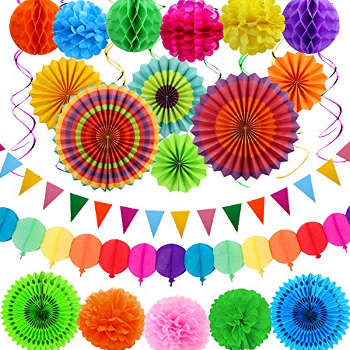 aovowog Decoración Fiesta Adornos Cumpleaños Papel Guirnalda Banderines Bola de Nido Abanicos Pompom para Boda Carnaval Mexicana (31 Pack)