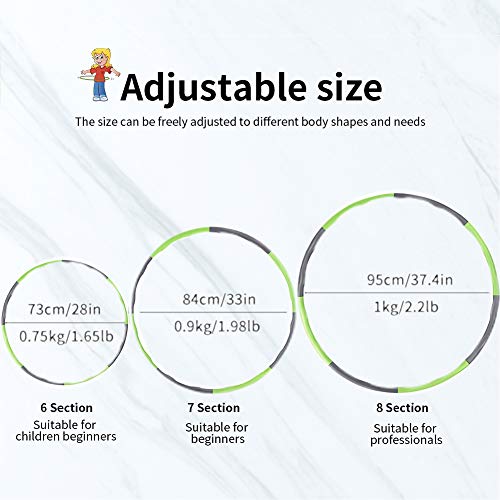 Aoweika Hula Hoop Fitness, Hula Hoop para Adultos (1 kg), Diseño de Ancho Ajustable Desmontable de 8 Secciones (28-37,4 in) Ideal para Niños, Principiantes y Profesionales, con Mini Cinta Métrica