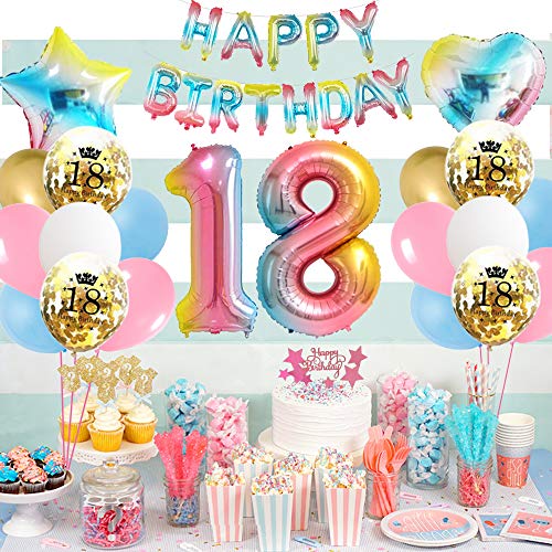 APERIL Globos de Cumpleaños 18 Años Decoraciones Cumpleaños Regalo Arcoiris Gradient Gigante Numeros 18 Feliz Cumpleaños Guirnalda y Cadena de luz LED Adornos Fiesta Cumpleaños Adultos
